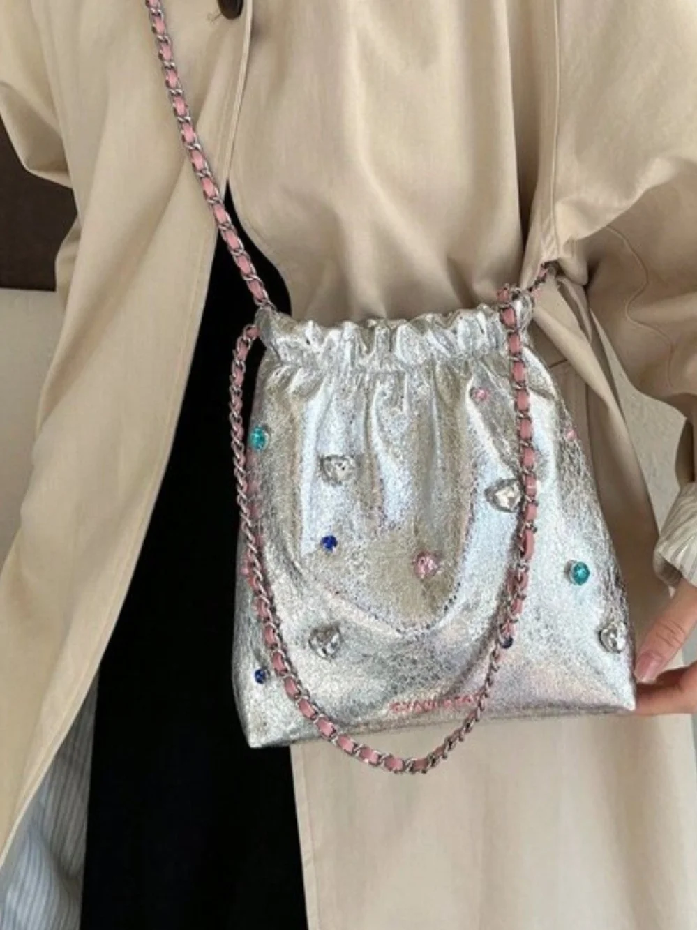 Jane & York Silver Metallic Crystal-Embellished Crossbody with Pink Trim
